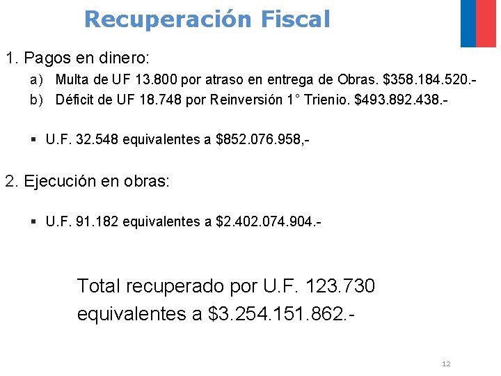 Recuperación Fiscal 1. Pagos en dinero: a) Multa de UF 13. 800 por atraso