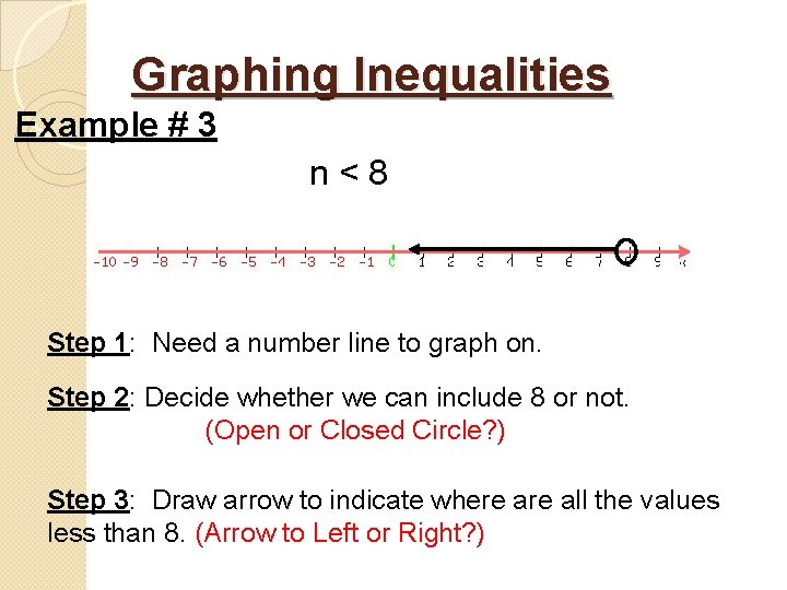 Graphing Inequalities Example # 3 n < 8 Step 1: Need a number line