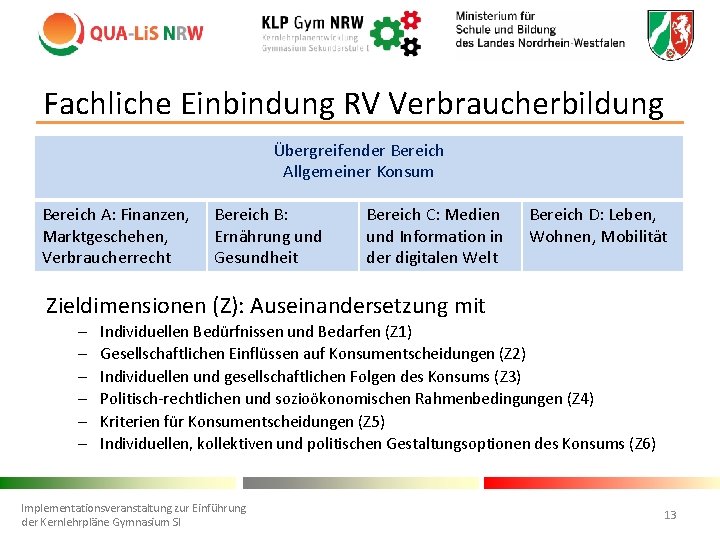 Fachliche Einbindung RV Verbraucherbildung Übergreifender Bereich Allgemeiner Konsum Bereich A: Finanzen, Marktgeschehen, Verbraucherrecht Bereich