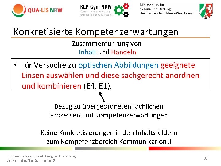 Konkretisierte Kompetenzerwartungen Zusammenführung von Inhalt und Handeln • für Versuche zu optischen Abbildungen geeignete