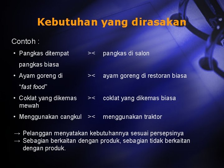 Kebutuhan yang dirasakan Contoh : • Pangkas ditempat >< pangkas di salon >< ayam