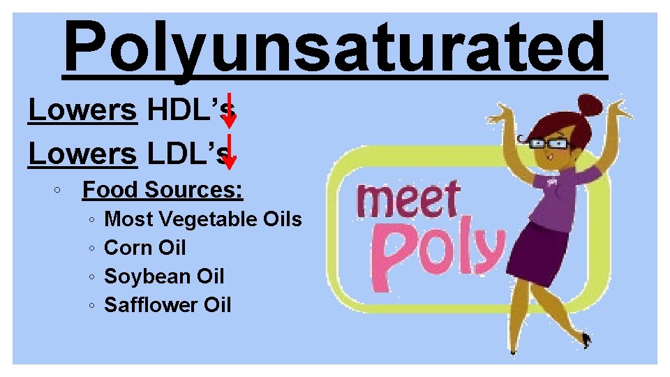 Polyunsaturated Lowers HDL’s Lowers LDL’s ◦ Food Sources: ◦ ◦ Most Vegetable Oils Corn