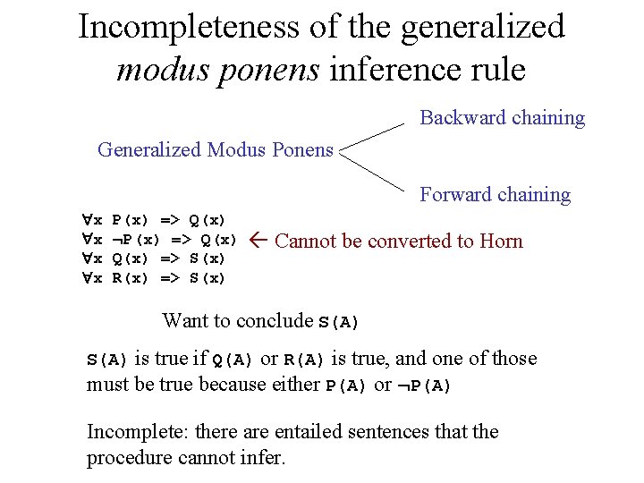 Incompleteness of the generalized modus ponens inference rule Backward chaining Generalized Modus Ponens Forward