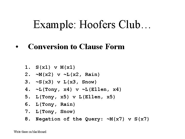 Example: Hoofers Club… • Conversion to Clause Form 1. 2. 3. 4. 5. 6.