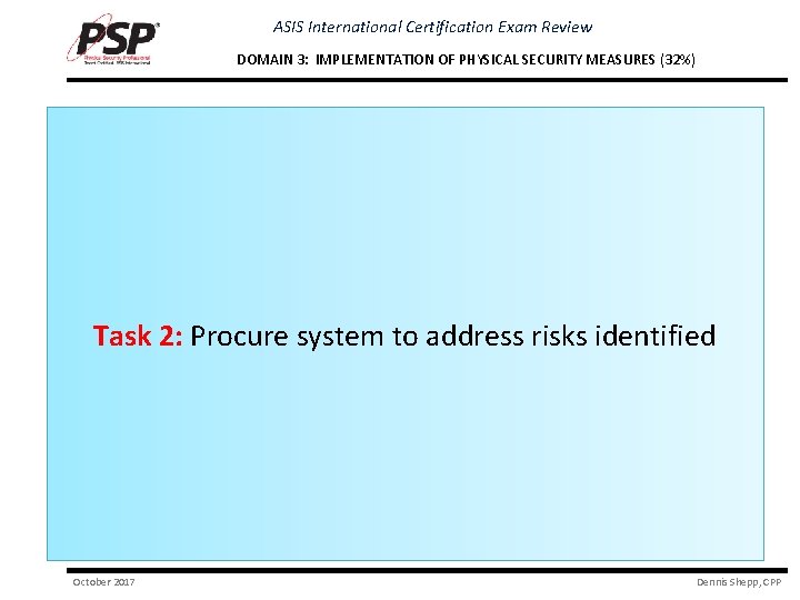 ASIS International Certification Exam Review DOMAIN 3: IMPLEMENTATION OF PHYSICAL SECURITY MEASURES (32%) Task