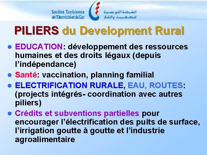 PILIERS du Development Rural EDUCATION: développement des ressources humaines et des droits légaux (depuis