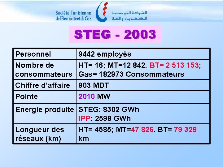 STEG - 2003 Personnel Nombre de consommateurs Chiffre d’affaire 9442 employés HT= 16; MT=12