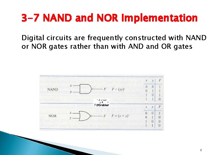 3 -7 NAND and NOR Implementation Digital circuits are frequently constructed with NAND or