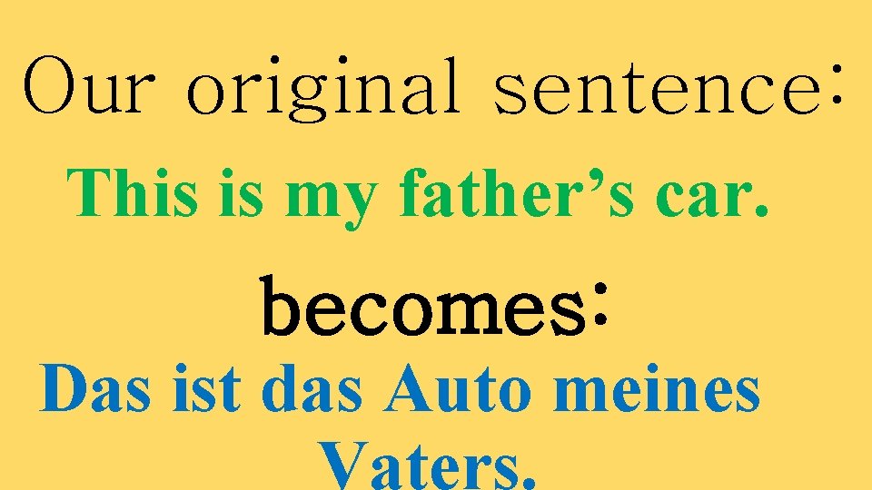 Our original sentence: This is my father’s car. becomes: Das ist das Auto meines