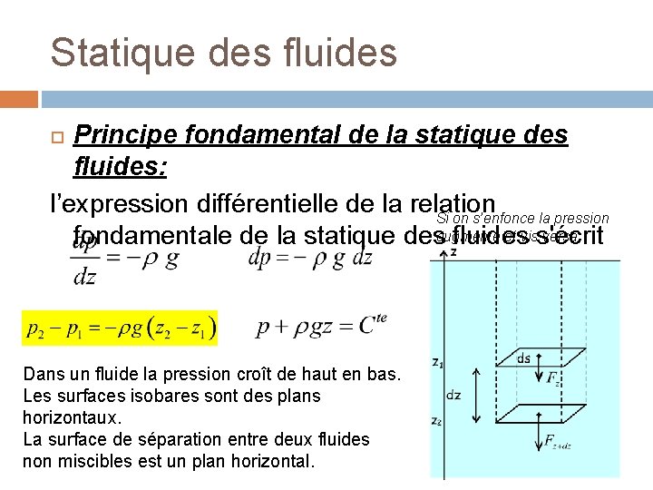 Statique des fluides Principe fondamental de la statique des fluides: l’expression différentielle de la