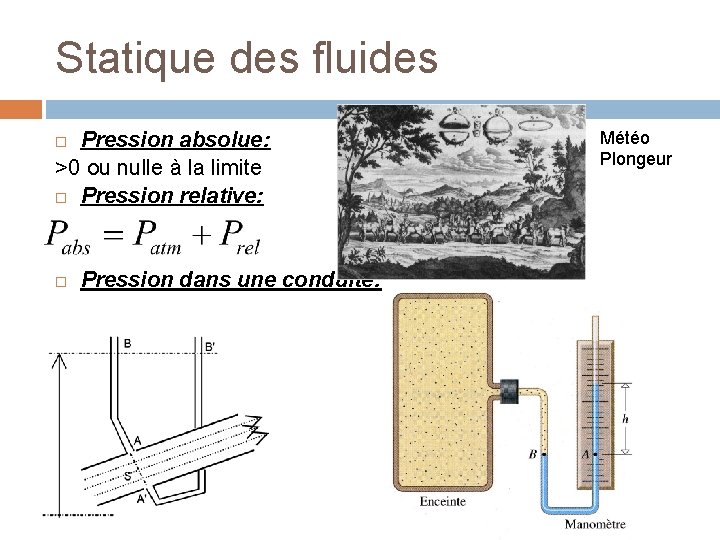 Statique des fluides Pression absolue: >0 ou nulle à la limite Pression relative: Pression