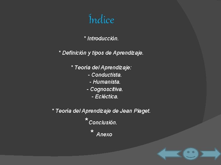 Índice * Introducción. * Definición y tipos de Aprendizaje. * Teoría del Aprendizaje: -