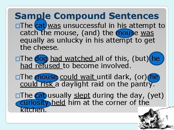 Sample Compound Sentences �The cat was unsuccessful in his attempt to catch the mouse,