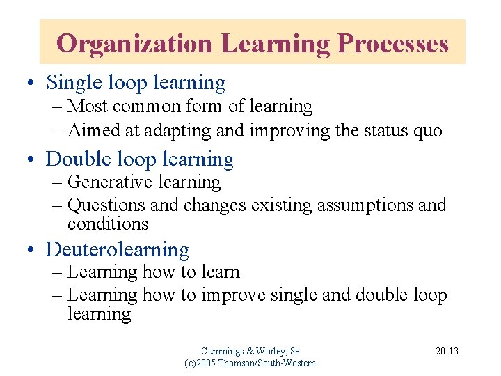 Organization Learning Processes • Single loop learning – Most common form of learning –