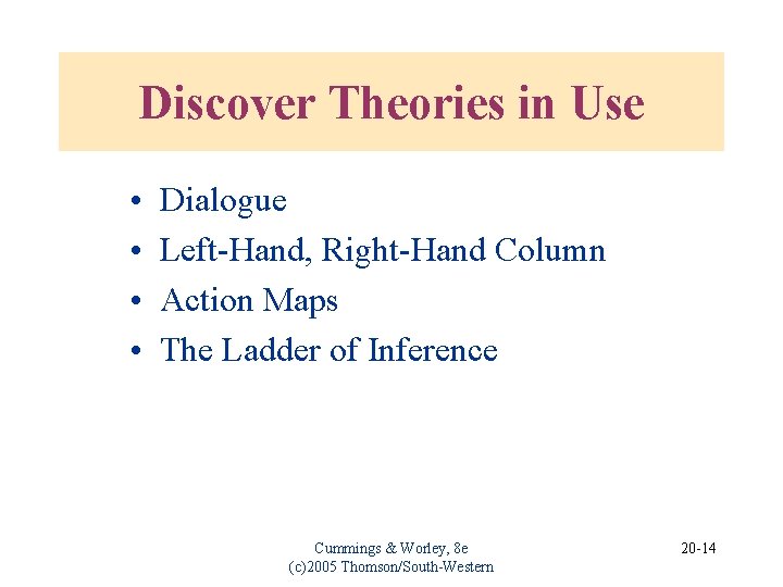 Discover Theories in Use • • Dialogue Left-Hand, Right-Hand Column Action Maps The Ladder