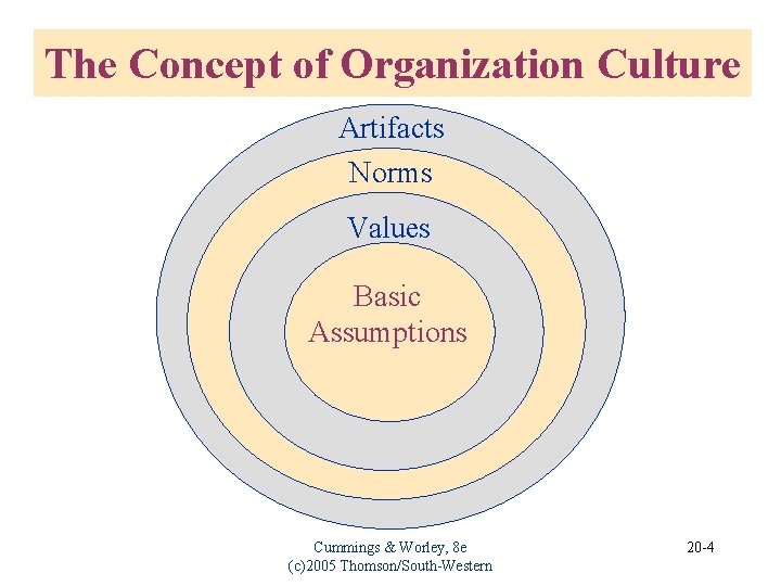 The Concept of Organization Culture Artifacts Norms Values Basic Assumptions Cummings & Worley, 8