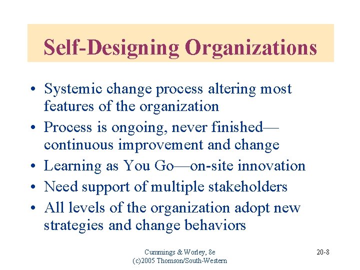 Self-Designing Organizations • Systemic change process altering most features of the organization • Process