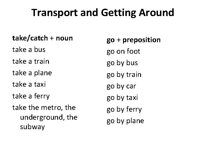 Transport and Getting Around take/catch + noun take a bus take a train take