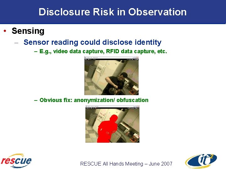 Disclosure Risk in Observation • Sensing – Sensor reading could disclose identity – E.