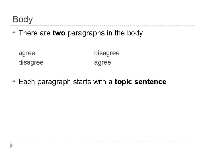 Body There are two paragraphs in the body agree disagree Each paragraph starts with