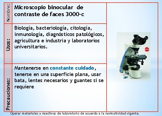 Nombre: Usos: Precauciones: Microscopio binocular de contraste de faces 3000 -c Biología, bacteriología, citología,