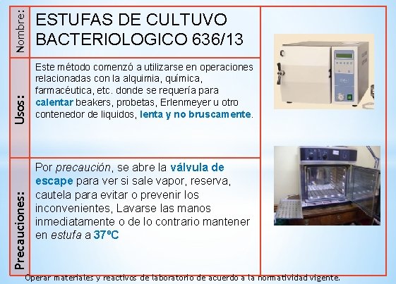 Nombre: Usos: Precauciones: ESTUFAS DE CULTUVO BACTERIOLOGICO 636/13 Este método comenzó a utilizarse en