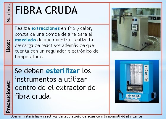 Nombre: Usos: Precauciones: FIBRA CRUDA Realiza extracciones en frio y calor, consta de una