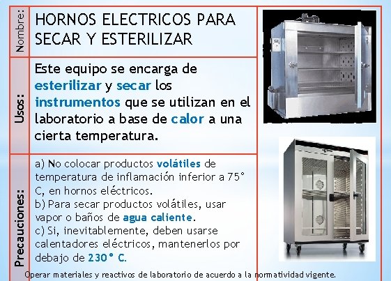 Nombre: Usos: Precauciones: HORNOS ELECTRICOS PARA SECAR Y ESTERILIZAR Este equipo se encarga de