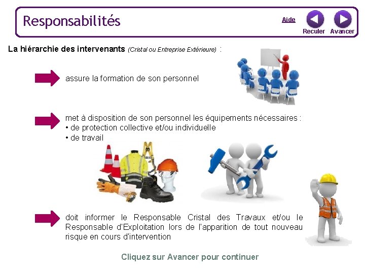 Responsabilités Aide Reculer Avancer La hiérarchie des intervenants (Cristal ou Entreprise Extérieure) : Responsable