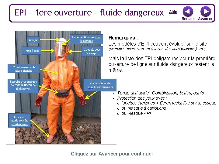 EPI – 1 ere ouverture – fluide dangereux Aide Reculer Avancer Remarques : Les