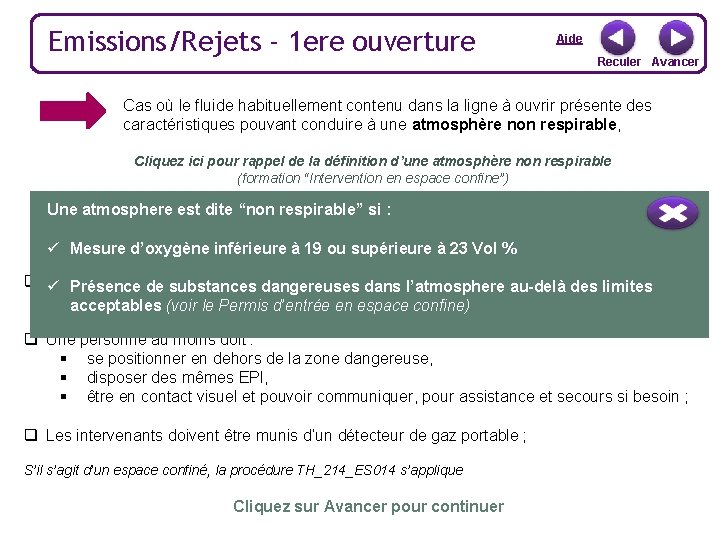 Emissions/Rejets - 1 ere ouverture Aide Reculer Avancer Cas où le fluide habituellement contenu