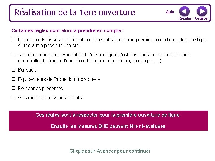 Réalisation de la 1 ere ouverture Aide Reculer Avancer Certaines règles sont alors à