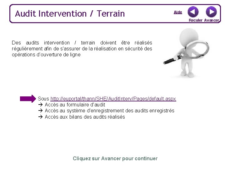Audit Intervention / Terrain Aide Des audits intervention / terrain doivent être réalisés régulièrement