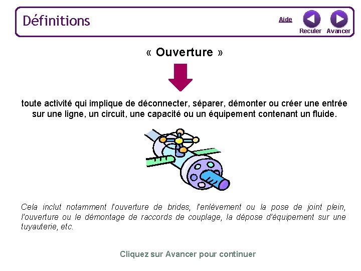 Définitions Aide Reculer Avancer « Ouverture » toute activité qui implique de déconnecter, séparer,