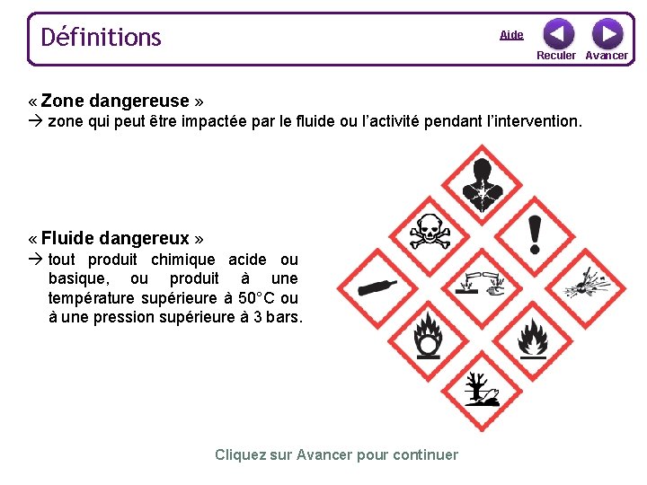 Définitions Aide Reculer Avancer « Zone dangereuse » zone qui peut être impactée par