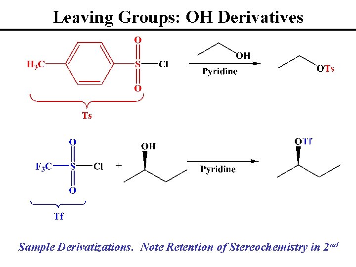 Leaving Groups: OH Derivatives Sample Derivatizations. Note Retention of Stereochemistry in 2 nd 