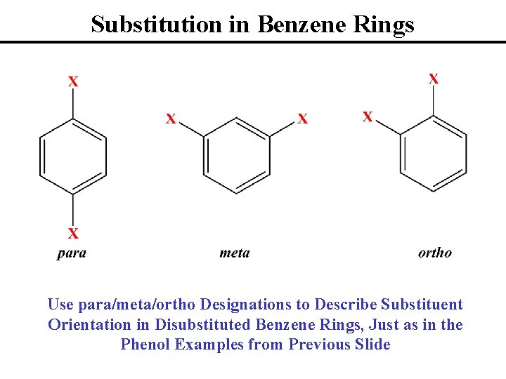 Substitution in Benzene Rings Use para/meta/ortho Designations to Describe Substituent Orientation in Disubstituted Benzene