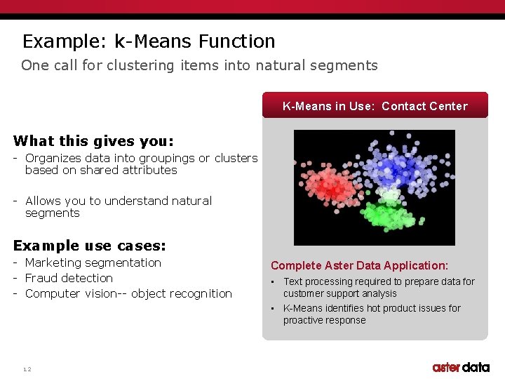 Example: k-Means Function One call for clustering items into natural segments K-Means in Use: