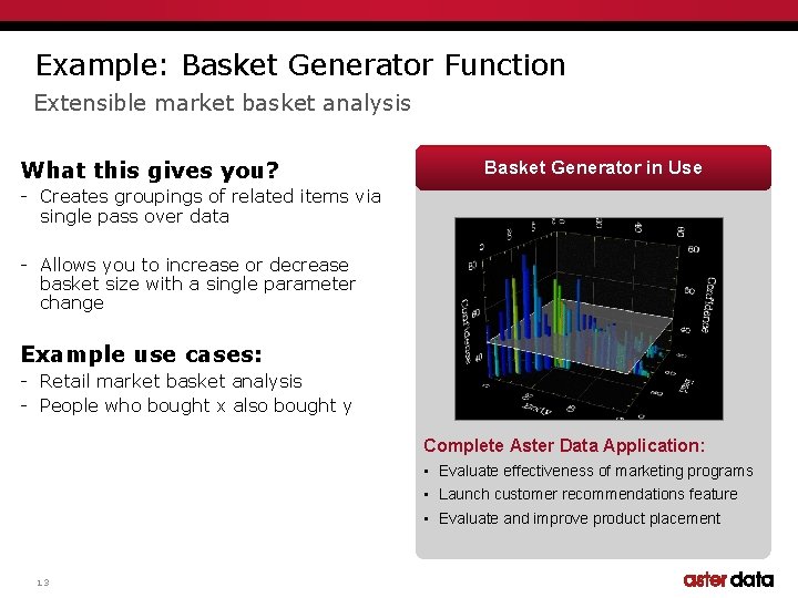 Example: Basket Generator Function Extensible market basket analysis What this gives you? Basket Generator