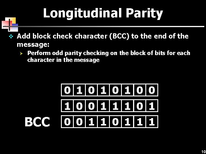 Longitudinal Parity v Add block check character (BCC) to the end of the message: