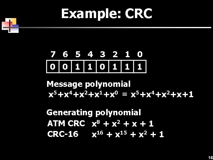 Example: CRC 7 6 5 4 3 2 1 0 0 0 1 1