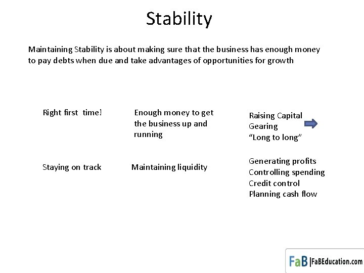 Stability Maintaining Stability is about making sure that the business has enough money to