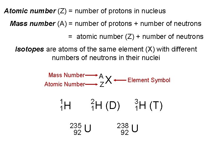 Atomic number (Z) = number of protons in nucleus Mass number (A) = number Atomic number (Z) = number of protons in nucleus Mass number (A) = number