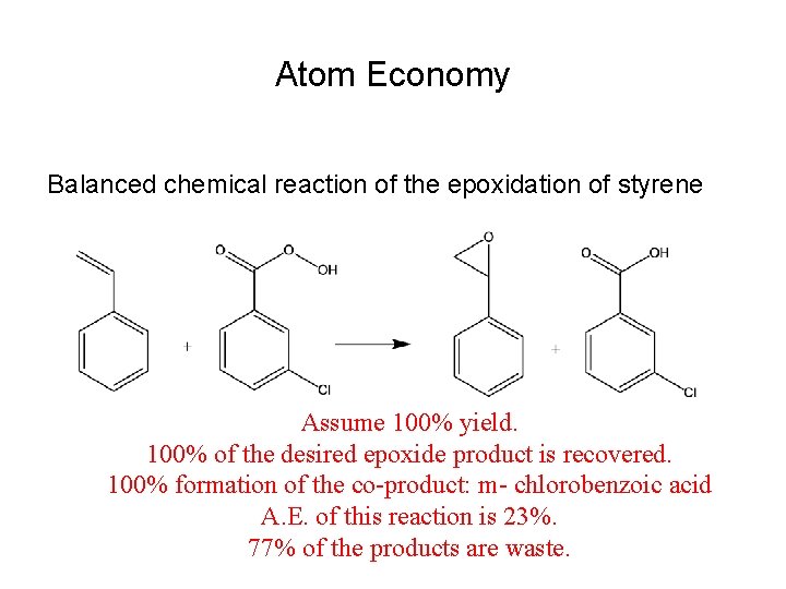 Atom Economy Balanced chemical reaction of the epoxidation of styrene Assume 100% yield. 100%