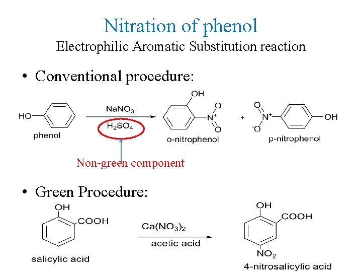 Nitration of phenol Electrophilic Aromatic Substitution reaction • Conventional procedure: Non-green component • Green