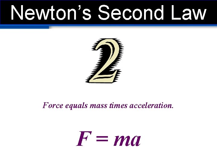 Newton’s Second Law Force equals mass times acceleration. F = ma 