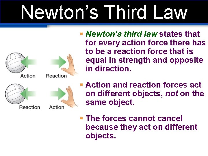 Newton’s Third Law § Newton’s third law states that for every action force there