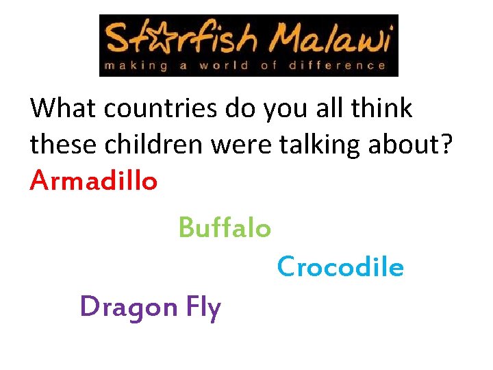 What countries do you all think these children were talking about? Armadillo Buffalo Crocodile What countries do you all think these children were talking about? Armadillo Buffalo Crocodile