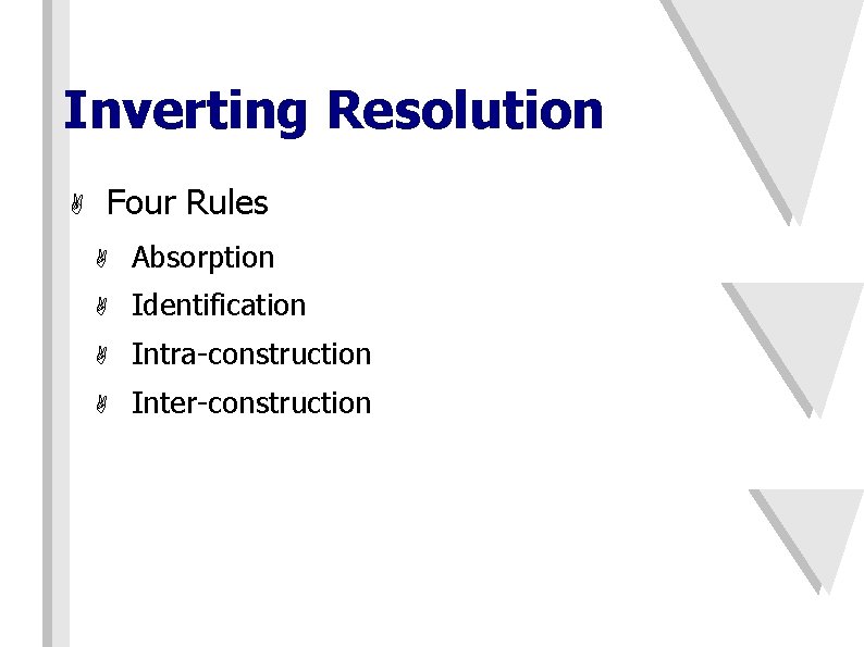 Inverting Resolution A Four Rules A Absorption A Identification A Intra-construction A Inter-construction 