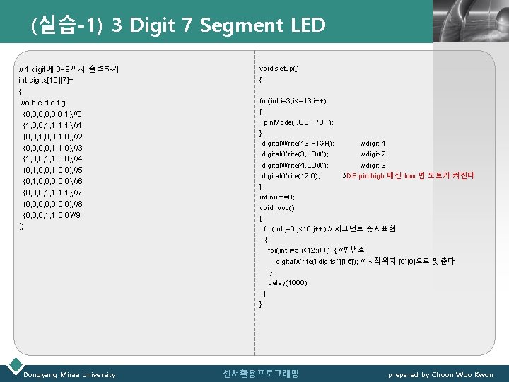 (실습-1) 3 Digit 7 Segment LED // 1 digit에 0~9까지 출력하기 int digits[10][7]= {